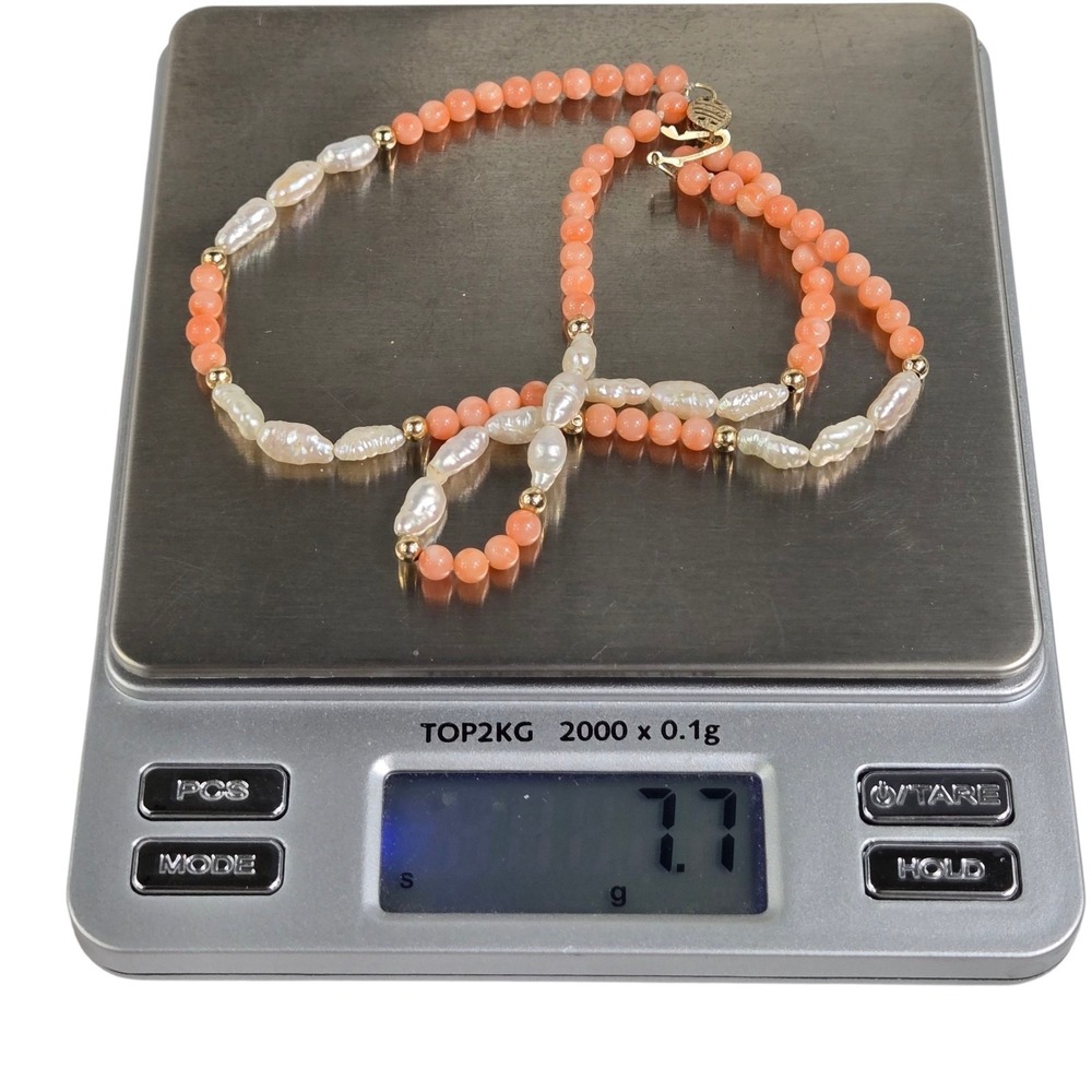 14k Solid Gold Baroque Fresh Water Pearl‎ & Angel Skin Coral Beads Bracelet 8" - Picture 10 of 11